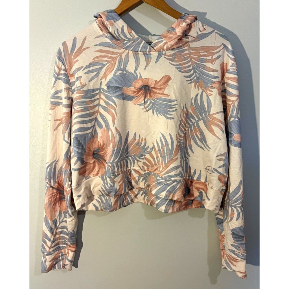 Reel Life Women’s Tropical Floral Pullover Hoodie Logo Beige Pink Blue L